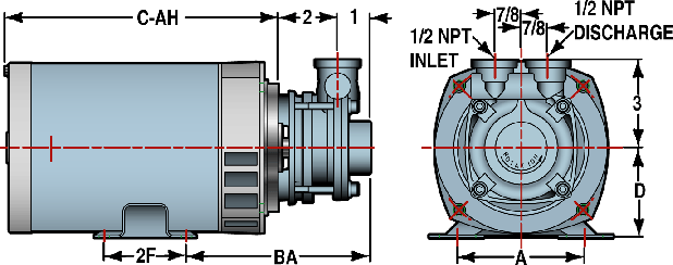 P31 Series with a 48 Frame Single Phase ODP motor
Zoom
Click here for further motor information
Motor
Ph.
HP
Voltage
Encl
Frame
Suction
Discharge
A
D
2F
BA
C-AH*
DLC-5000-03-ODP
1
1/3
115/208-230
ODP
48
1/2"
1/2"
4.25
3
2.75
6
8.71
P31 Series with a 48 Frame Three Phase TEFC Motor